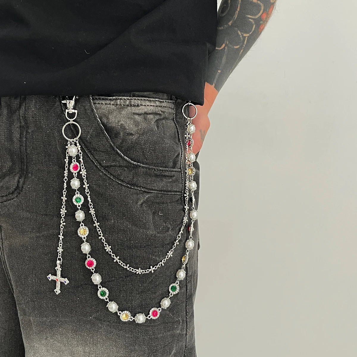 Toxicpop Rhinstone mixed gem jeans chain