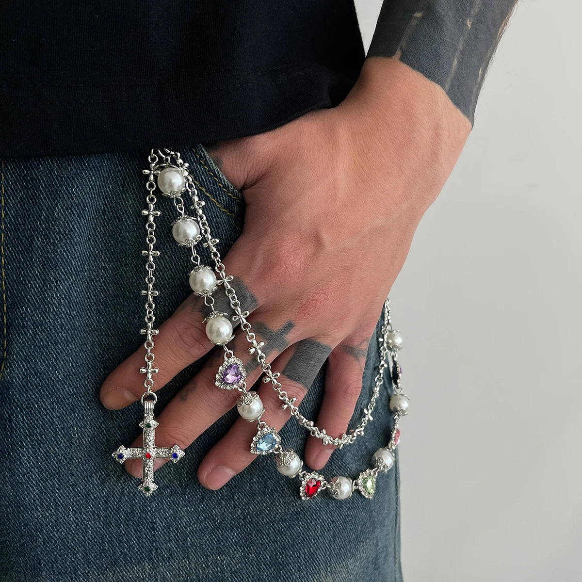 Toxicpop Rhinstone mixed gem jeans chain
