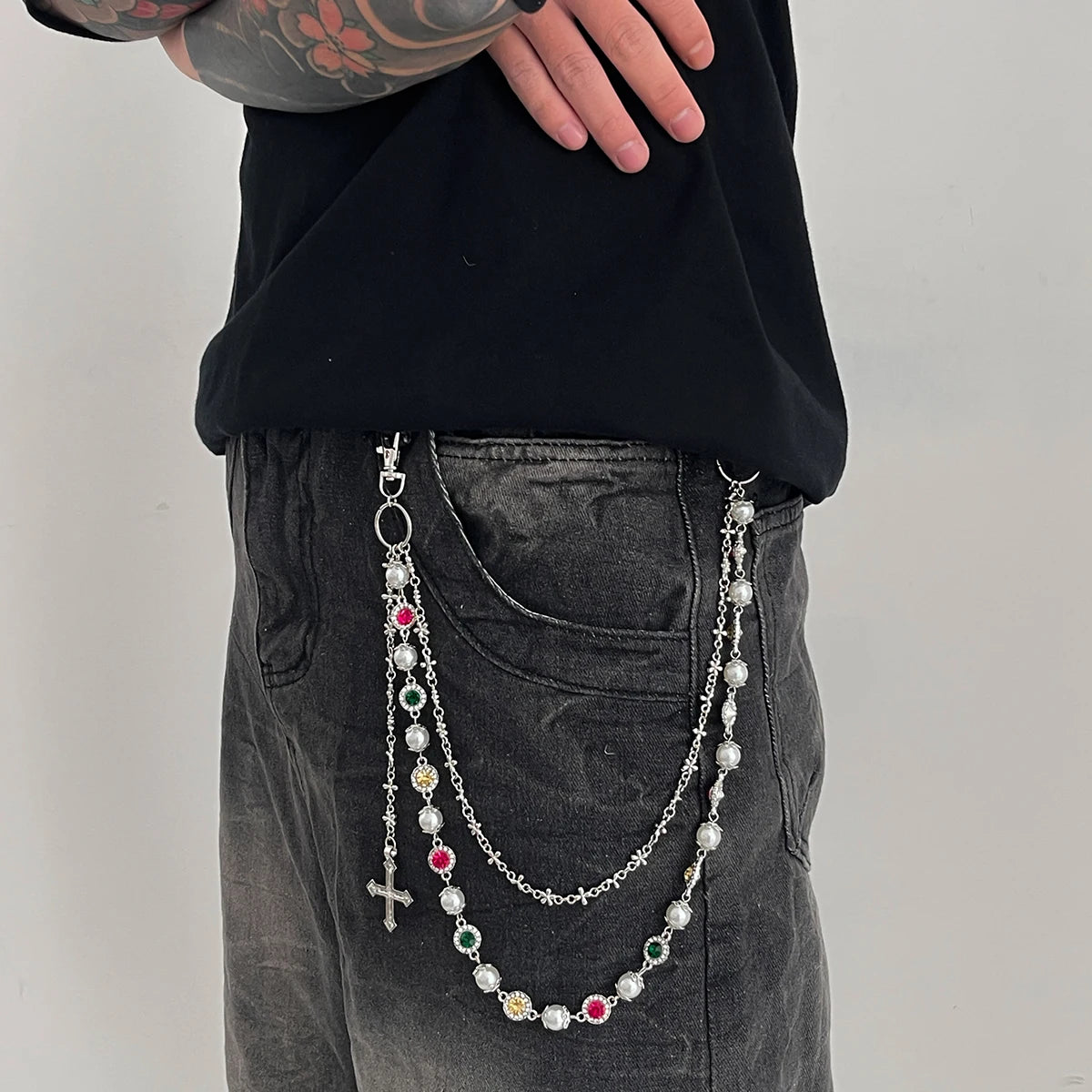 Toxicpop Rhinstone mixed gem jeans chain